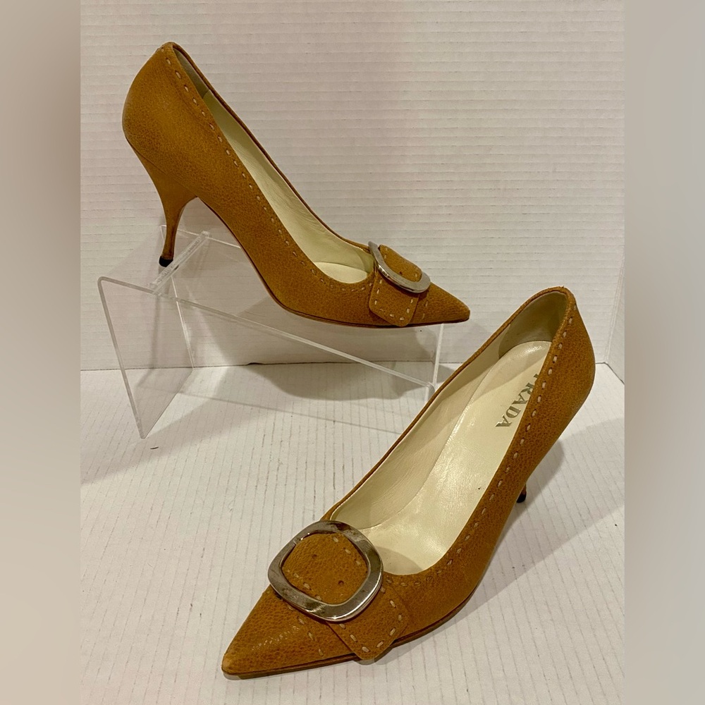 Prada Tan Heels with Silver Buckle